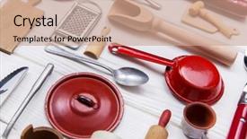  Presentation with vintage cooking - Amazing slide deck having pan card - old red white doll's kitchen backdrop and a coral colored foreground