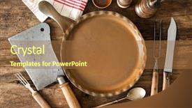  Presentation with dark vintage wood table texture - Presentation design with pan card - vintage kitchen utensils on wooden background and a tawny brown colored foreground