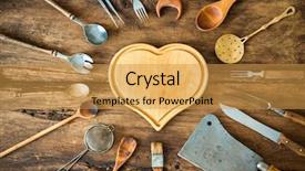  Presentation with utensils - Colorful presentation theme enhanced with pan card - vintage kitchen utensils on wooden backdrop and a gold colored foreground