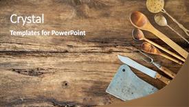  Presentation with dark vintage wood table texture - Cool new slide set with pan card - vintage kitchen utensils on wooden backdrop and a coral colored foreground