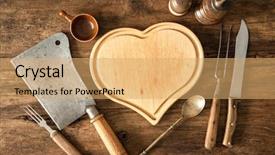  Presentation with dark vintage wood table texture - Presentation design enhanced with pan card - vintage kitchen utensils on wooden background and a yellow colored foreground