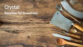  Presentation with kitchen utensils - Presentation theme featuring pan card - vintage kitchen utensils on wooden background and a coral colored foreground