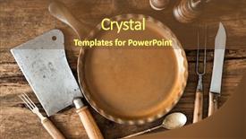  Presentation with kitchen utensils - Amazing presentation theme having pan card - vintage kitchen utensils on wooden backdrop and a tawny brown colored foreground