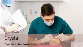  Presentation with surgery - Presentation theme consisting of pan card - young woman and man doctor background and a coral colored foreground