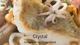  Presentation with chick - Colorful presentation enhanced with pan fried cod fillet and baby squid with braised belly pork and chick peas backdrop and a coral colored foreground