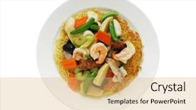  Presentation with cooking chinese noodles - Colorful PPT theme enhanced with chinese food cooking - pan fried noodles with seafood backdrop and a yellow colored foreground