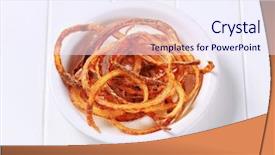  Presentation with strings - Beautiful PPT layouts featuring pan-fried onion strings on a white plate backdrop and a sky blue colored foreground