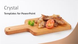 Presentation with pork bacon - Cool new PPT layouts with pan fried side pork bacon on wooden cutting board backdrop and a sky blue colored foreground