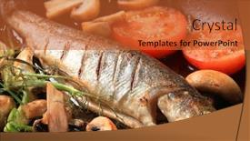  Presentation with trout - Cool new PPT theme with pan fried trout with button mushrooms and tomatoes backdrop and a red colored foreground