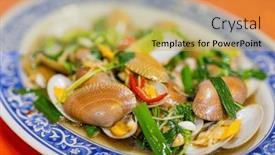  Presentation with clam - Presentation design consisting of pan-fry-clam-with-basil background and a yellow colored foreground