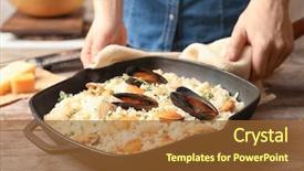  Presentation with alaskan seafood - PPT theme having pan of delicious seafood risotto background and a tawny brown colored foreground