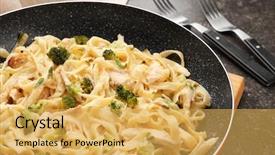  Presentation with frying - Theme enhanced with pan with delicious chicken alfredo background and a  colored foreground