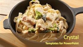  Presentation with frying - Presentation design featuring pan with delicious chicken alfredo background and a tawny brown colored foreground