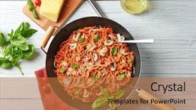  Presentation with table napkin aesthetic - Beautiful PPT theme featuring pan with delicious pasta products backdrop and a red colored foreground