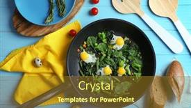  Presentation with quail - Audience pleasing slides consisting of pan with delicious roasted quail eggs and spinach on wooden background backdrop and a tawny brown colored foreground