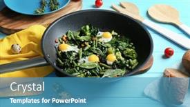  Presentation with quail - Theme enhanced with pan with delicious roasted quail eggs and spinach on wooden background background and a teal colored foreground