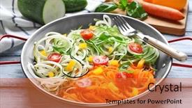  Presentation with preservation of fruit and vegetable - Audience pleasing PPT layouts consisting of pan with delicious vegetable spaghetti backdrop and a gold colored foreground