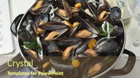  Presentation with eat - Presentation design enhanced with pan with fresh cooked mussels ready to eat background and a tawny brown colored foreground