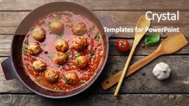  Presentation with meat - Presentation design consisting of pan with meat balls in tomato sauce on wooden background background and a coral colored foreground