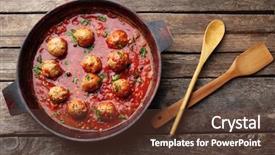  Presentation with meat - Theme enhanced with pan with meat balls in tomato sauce on wooden background background and a tawny brown colored foreground