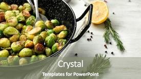  Presentation with brussel - Theme enhanced with pan with roasted brussel sprout background and a gray colored foreground