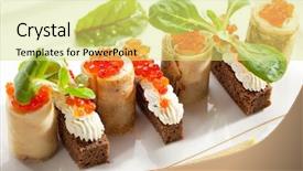  Presentation with caviar - Amazing presentation having pancake roll with cream and salmon caviar garnished with lemon slice backdrop and a yellow colored foreground