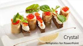  Presentation with pancake - PPT theme consisting of pancake roll with cream and salmon caviar garnished with lemon slice background and a lemonade colored foreground