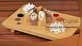  Presentation with pancake - Presentation design consisting of mango jelly - pancake roll with marmalade background and a coral colored foreground