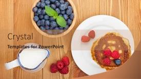  Presentation with blueberry - Presentation theme enhanced with pancakes with raspberry blueberry and milk jug on wooden table background background and a coral colored foreground