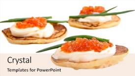  Presentation with caviar - Slide set enhanced with pancakes with red caviar isolated on white background and a coral colored foreground