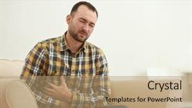  Presentation with stomach - Presentation design featuring pancreas - handsome young man suffering background and a coral colored foreground