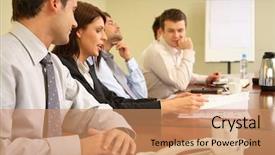  Presentation with focus group - Colorful slide deck enhanced with panel board - group of business people working backdrop and a coral colored foreground