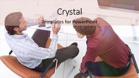  Presentation with data - Audience pleasing PPT layouts consisting of panel discussion - colleagues discussing financial data backdrop and a coral colored foreground