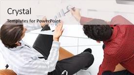  Presentation with financial - Presentation design consisting of panel discussion - colleagues discussing financial data background and a  colored foreground