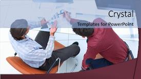  Presentation with data - Slide deck consisting of panel discussion - colleagues discussing financial data background and a light blue colored foreground