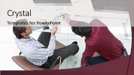  Presentation with data - Presentation design featuring panel discussion - colleagues discussing financial data background and a light gray colored foreground