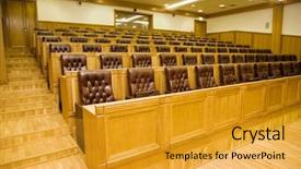  Presentation with microphones - Presentation theme enhanced with panel discussion - conference halls with magnificent leather background and a  colored foreground