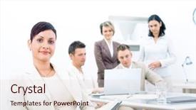  Presentation with young business people - Amazing theme having panel discussion - group of five young business backdrop and a  colored foreground