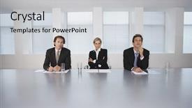  Presentation with conference table - Audience pleasing presentation consisting of panel discussion - portrait of confident business people backdrop and a light gray colored foreground