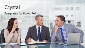  Presentation with interview - Colorful slide set enhanced with panel discussion - serious business people talking together backdrop and a white colored foreground