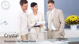  Presentation with team people hugging - Amazing presentation theme having panel discussion - team of three young business backdrop and a  colored foreground