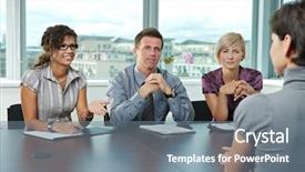  Presentation with discussion room - Beautiful presentation featuring panel of business people sitting backdrop and a gray colored foreground
