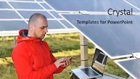  Presentation with solar cell - Beautiful PPT layouts featuring engineer working with laptop by solar panels talking on cell phone backdrop and a light blue colored foreground