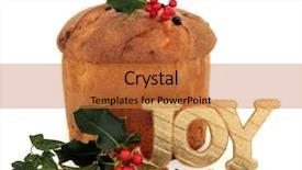  Presentation with cedar - Presentation theme with panetone christmas cake with joy glitter sign holly mistletoe ivy and cedar cypress leaf sprigs over white background background and a red colored foreground