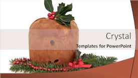  Presentation with christmas holly - Theme consisting of panettone christmas cake with decorative holly berry leaf sprig red ribbon with bead strand with spruce fir isolated over white background background and a soft green colored foreground