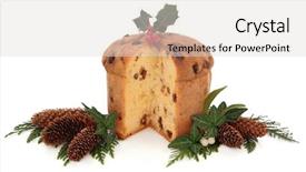  Presentation with cedar - Audience pleasing presentation consisting of panettone christmas cake with floral decoration of holly ivy mistletoe and cedar cypress leaf sprigs with pine cones over white background backdrop and a lemonade colored foreground