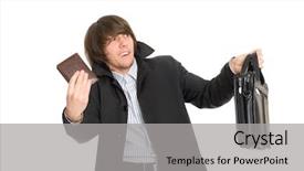  Presentation with personal belongings - Slides with holdup - panic frightened young man gives background and a light gray colored foreground