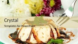  Presentation with sauces - Slide deck featuring panna cotta with chocolate and caramel sauces on color wooden background background and a yellow colored foreground