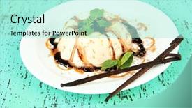  Presentation with vanilla - Presentation theme with panna cotta with chocolate and caramel sauce and vanilla beans on color wooden background background and a arctic colored foreground