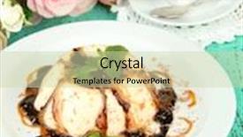  Presentation with sauces - Presentation theme with panna cotta with chocolate and caramel sauces on color wooden background background and a soft green colored foreground